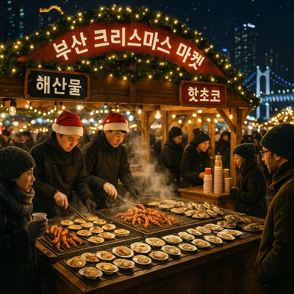 부산 크리스마스 마켓 해산물 먹거리 부스와 핫초코 판매 모습