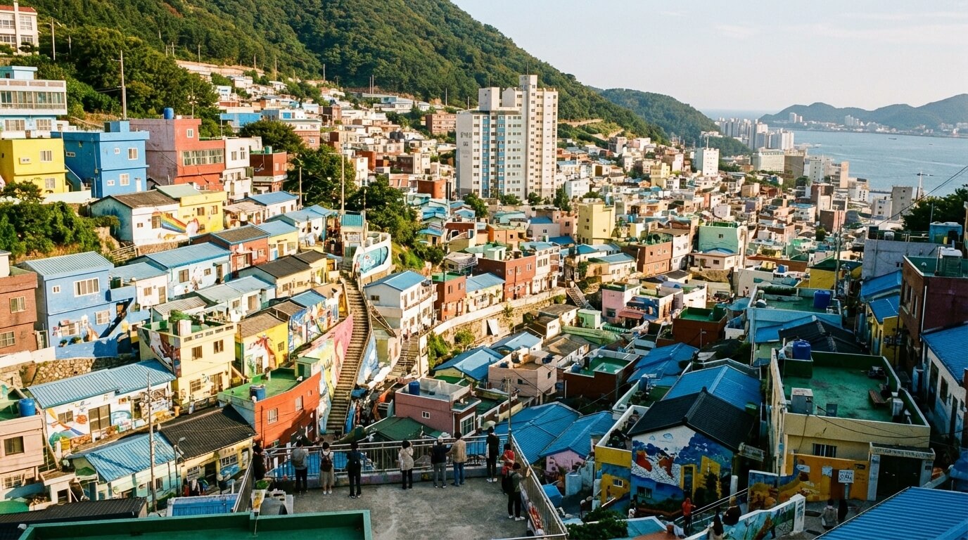 부산 감천문화마을 전경, 알록달록한 집들이 계단식으로 늘어선 모습