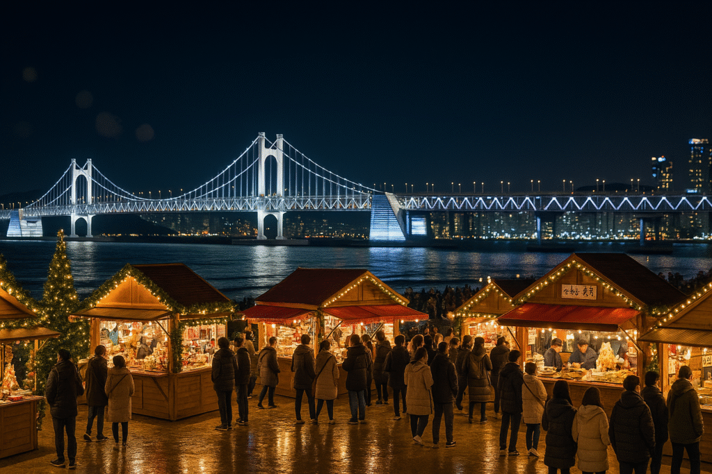 부산 광안리 크리스마스 마켓과 광안대교 야경 전경