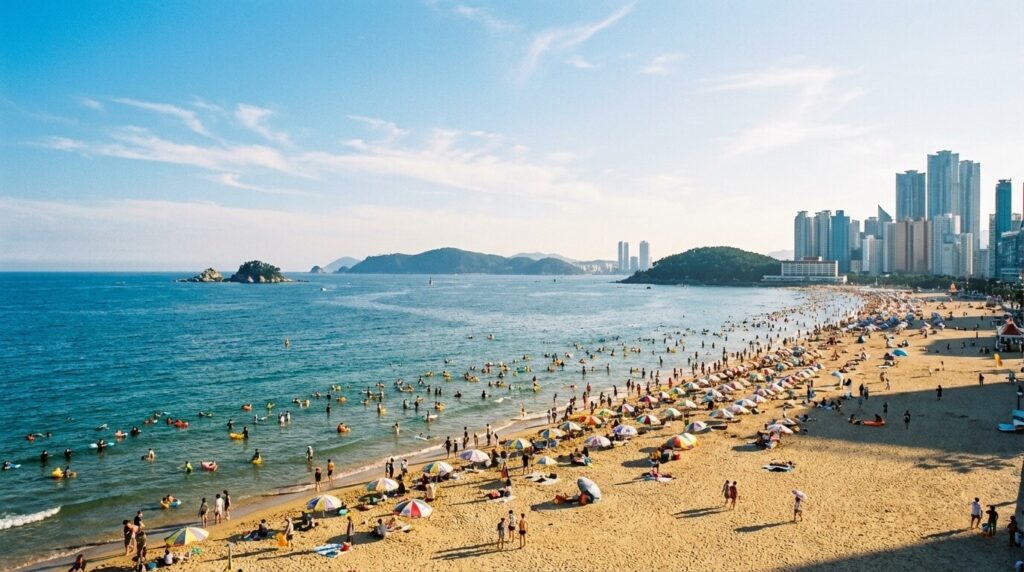 부산 해운대 해수욕장 전경, 푸른 바다와 백사장