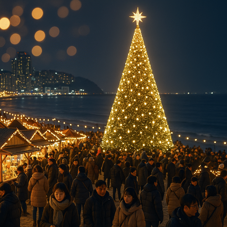 2025년 부산 해운대 크리스마스 마켓 바다 야경과 대형 트리 조명