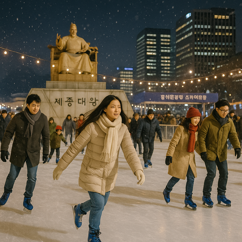 광화문 광장 야외 스케이트장에서 스케이트 타는 사람들