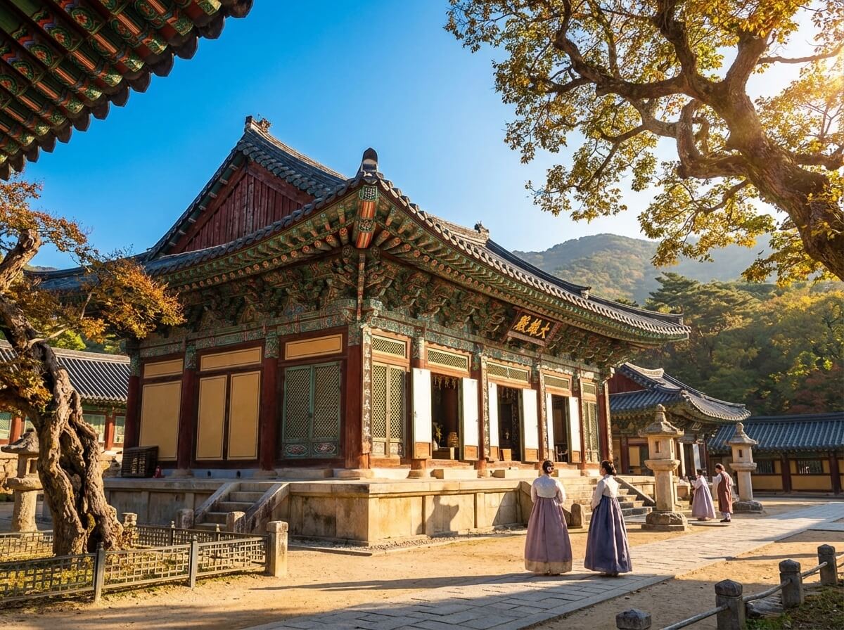 경주 불국사 대웅전 전경, 전통 사찰 건축물과 단청