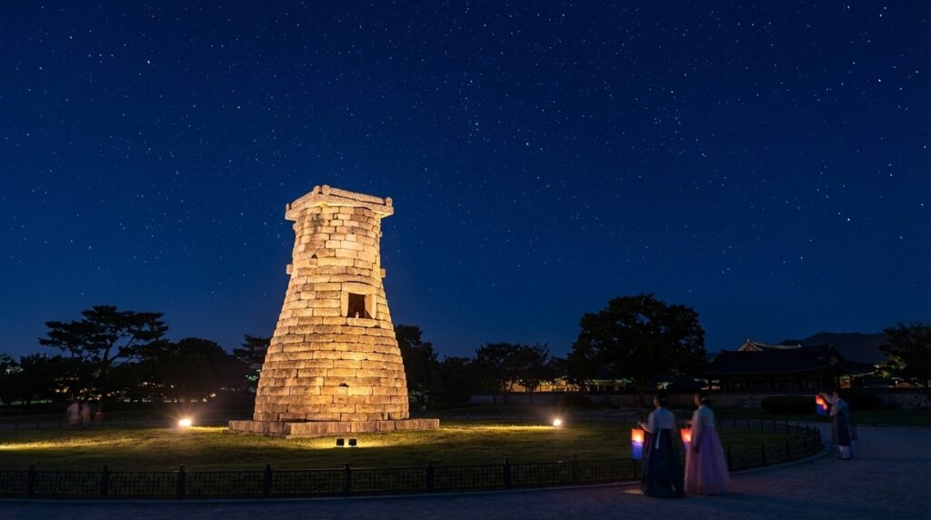 경주 첨성대 야경, 조명이 켜진 천문대와 별