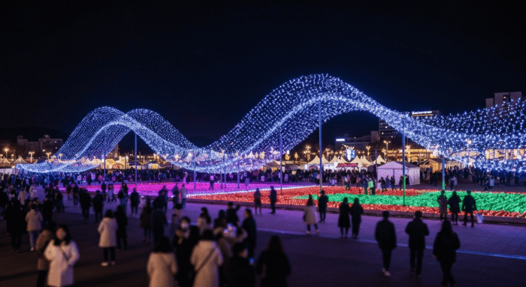 해운대 빛축제 야경, 별의 물결이 밀려오는 듯한 화려한 빛 조형물과 미디어아트가 어우러진 겨울 축제 현장