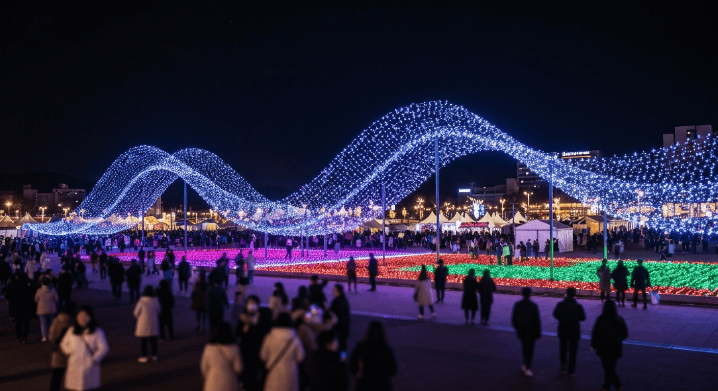 해운대 빛축제 야경, 별의 물결이 밀려오는 듯한 화려한 빛 조형물과 미디어아트가 어우러진 겨울 축제 현장