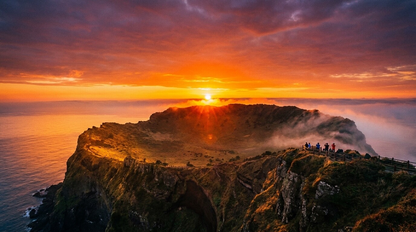 제주 성산일출봉 일출 전경, 분화구와 떠오르는 해