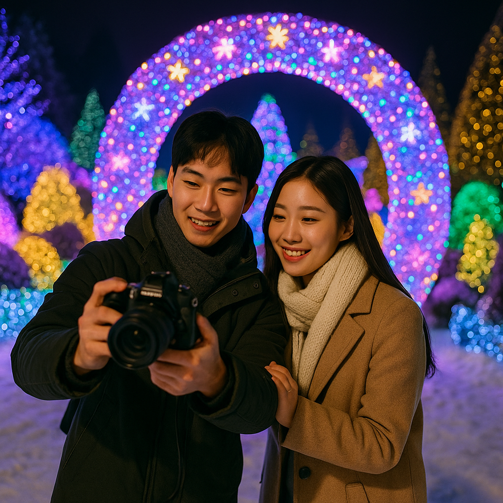 아침고요수목원 오색별빛정원전 포토존에서 사진 찍는 커플 데이트 모습