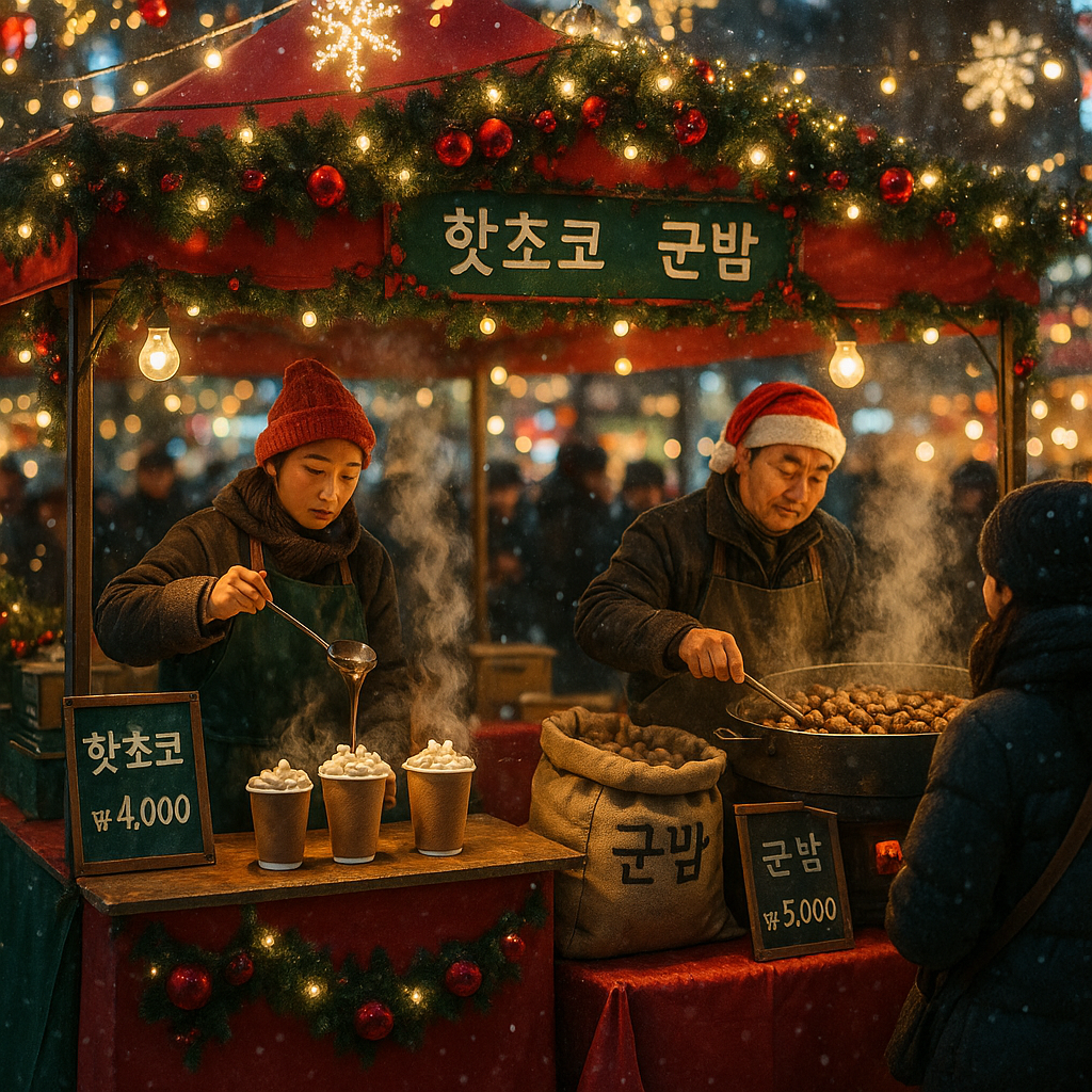 명동 크리스마스 마켓 먹거리 부스 핫초코와 군밤 판매 모습