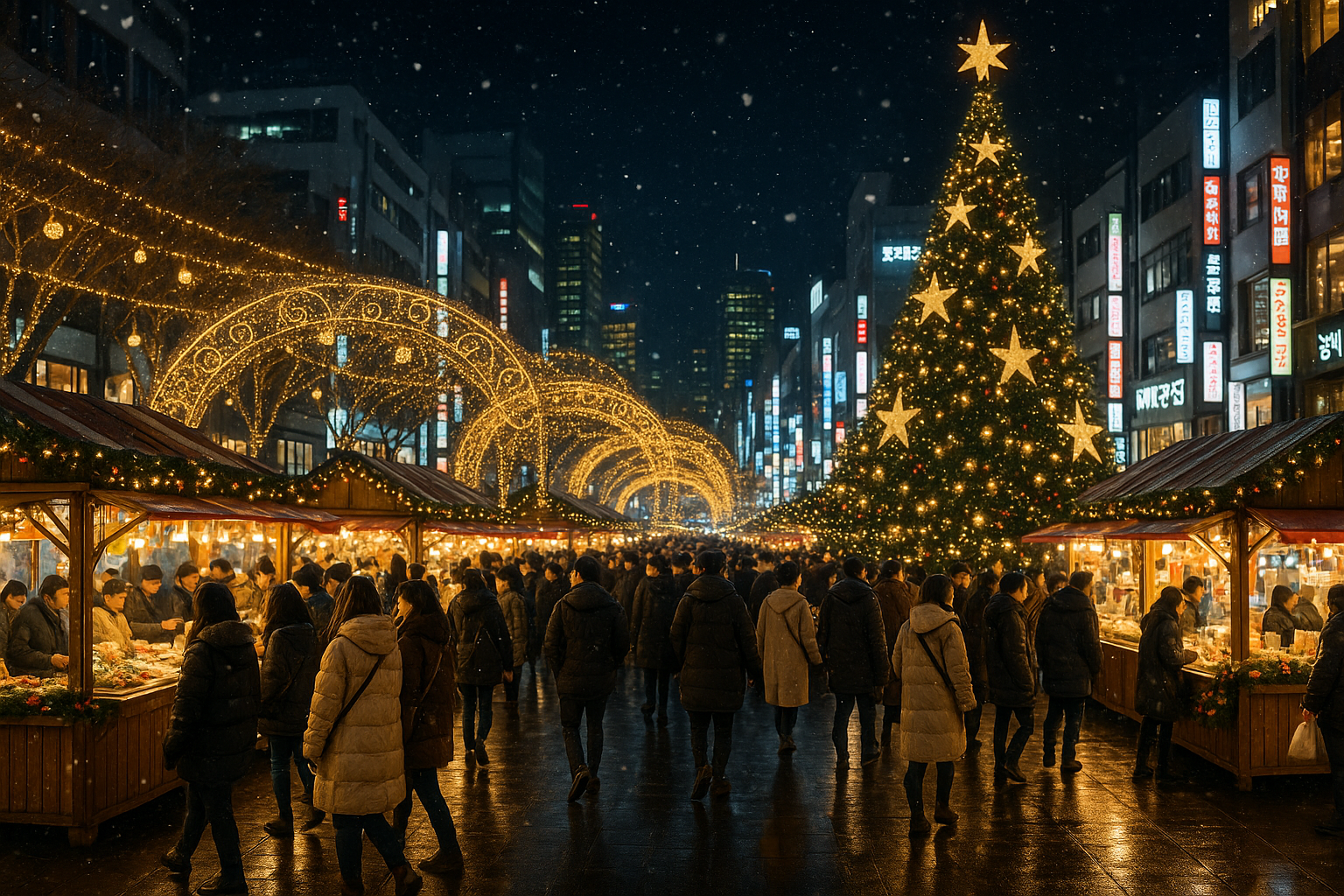 2025년 서울 명동 크리스마스 마켓 야경 전경과 화려한 조명 장식
