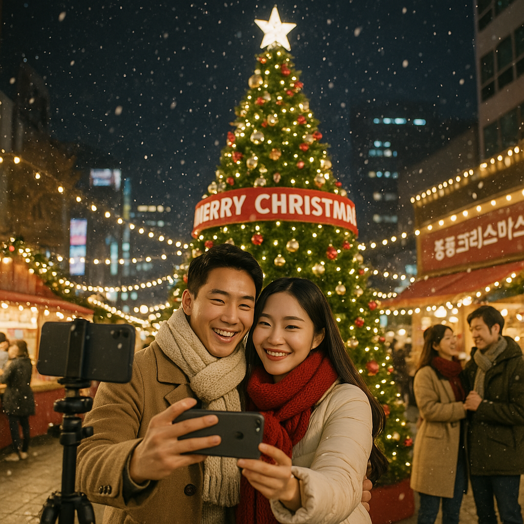 명동 크리스마스 마켓 대형 트리 포토존에서 사진 찍는 커플들