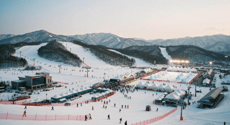 평창 강원도 겨울 여행, 스키장과 눈이 덮인 산, 얼음 위의 축제 현장이 어우러진 겨울 풍경