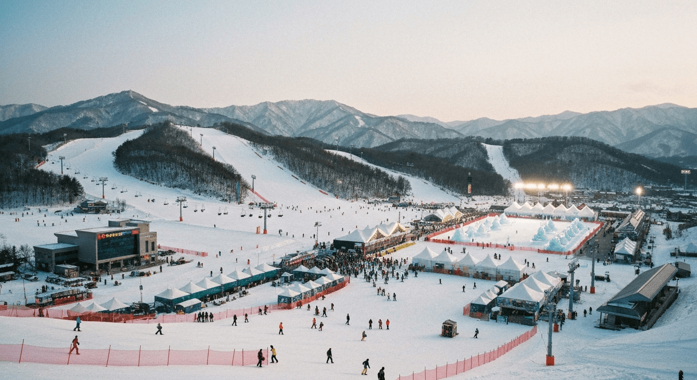 평창 강원도 겨울 여행, 스키장과 눈이 덮인 산, 얼음 위의 축제 현장이 어우러진 겨울 풍경