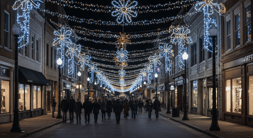 서면 빛축제, 12월 겨울밤 서면1번가 일원의 화려한 조명과 장식으로 물든 상점거리 풍경
