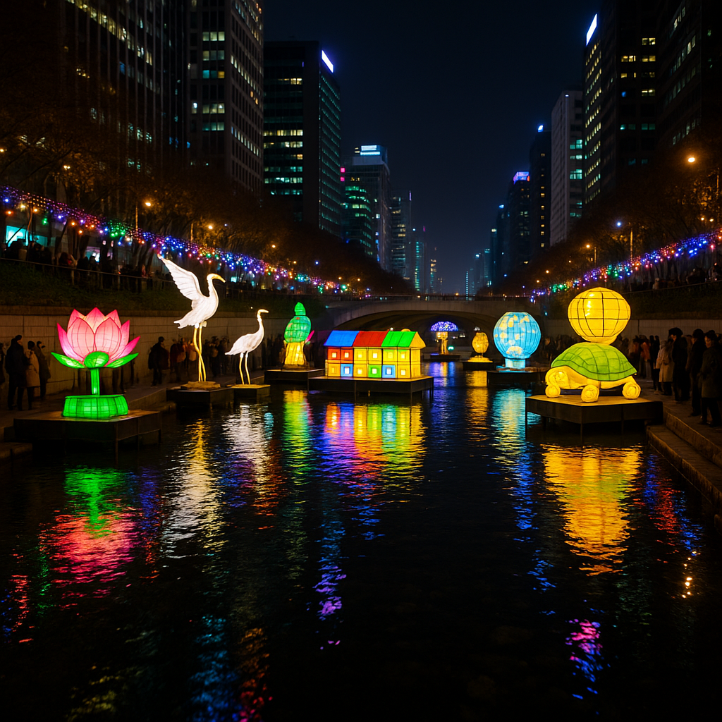 서울 청계천 빛초롱축제 야경 전경, 형형색색 LED 조명과 청계천 물빛 반사 
