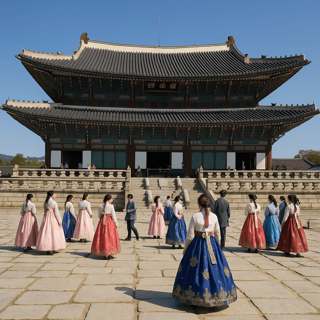 경복궁 근정전과 한복 입은 관광객들, 서울 역사 명소