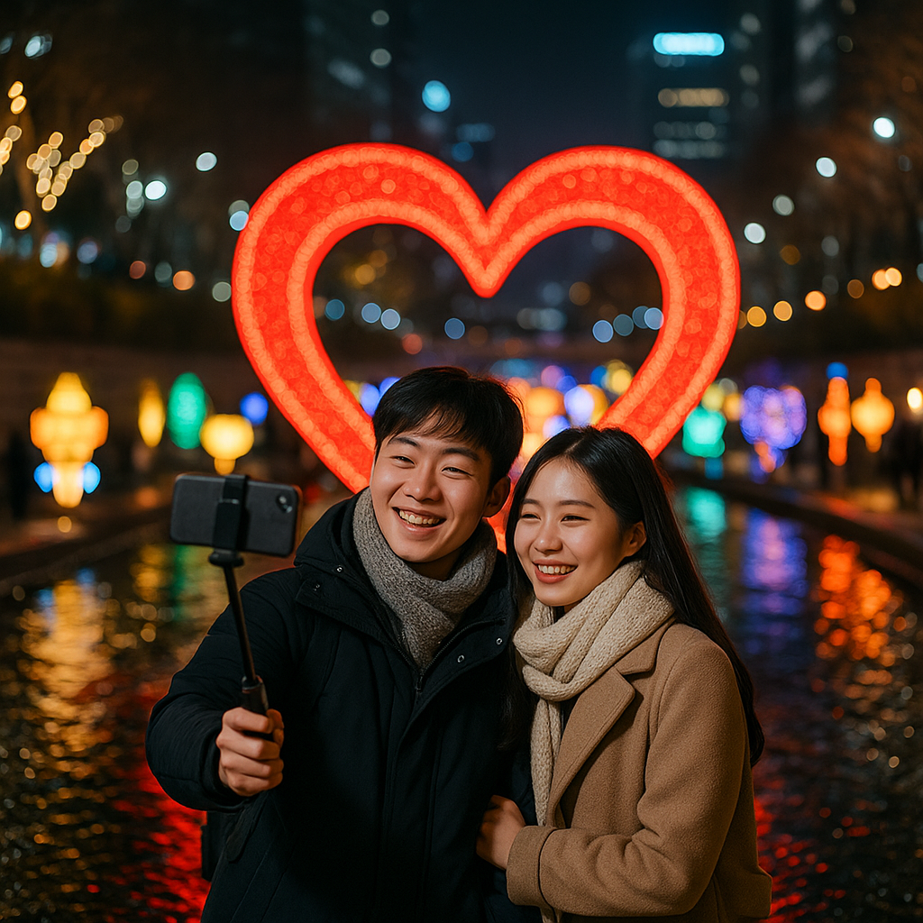 청계천 빛축제 포토존, 커플이 하트 조형물 앞에서 사진 찍는 모습
