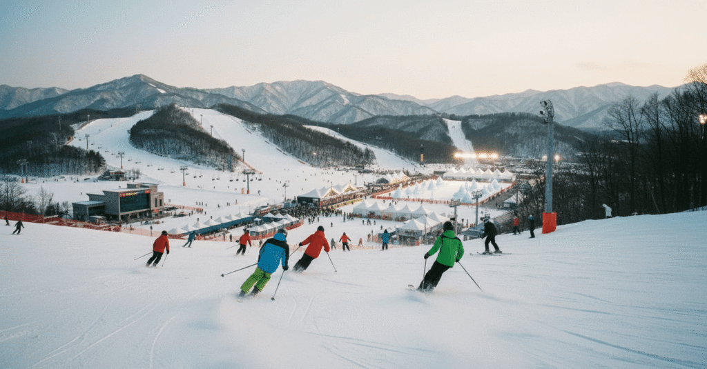 강원도 스키장, 하얀 눈이 소복이 내려앉은 슬로프와 스키어들의 모습