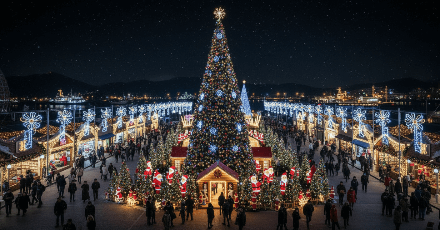 2025년 12월 전국 겨울축제, 크리스마스 조명과 눈이 소복이 내린 겨울 풍경, 가족이 함께 즐기는 축제 현장