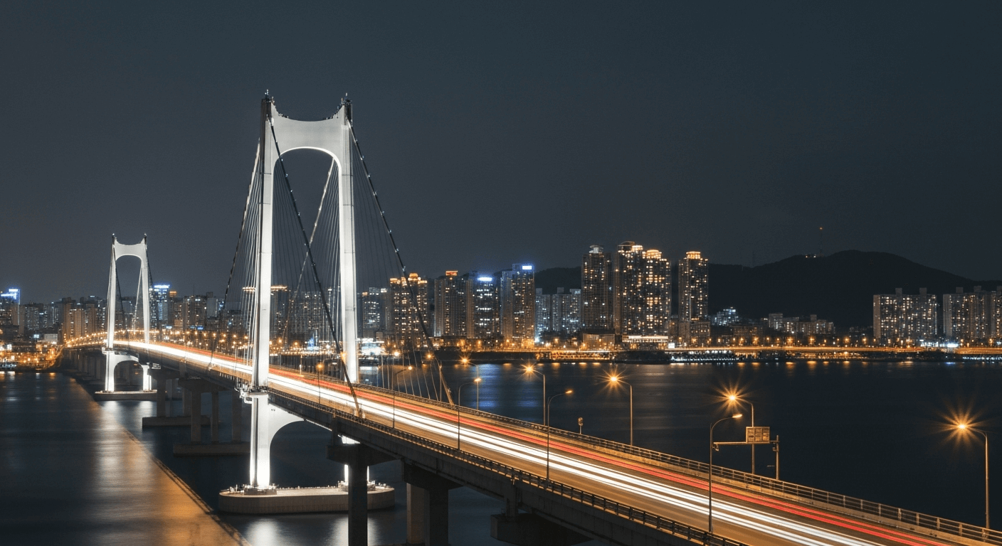 여수 밤바다 야경 - 돌산대교 야간 조명과 여수 시내 야경