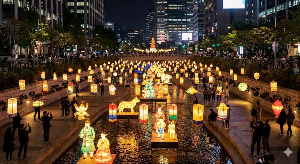 형형색색한 초롱들이 물 위에 떠있는 청계천 서울빛초롱축제 야경