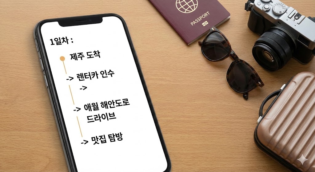 스마트폰 화면에 표시된 상세한 제주도 여행 일정표와 여행 준비물