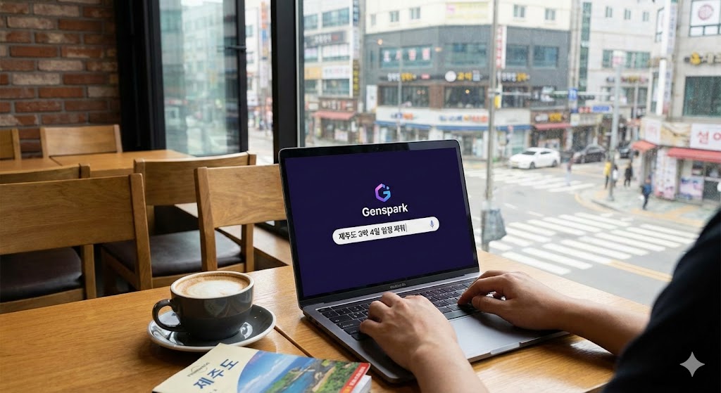 노트북으로 젠스파크 AI를 사용하여 제주도 여행 계획을 세우는 모습