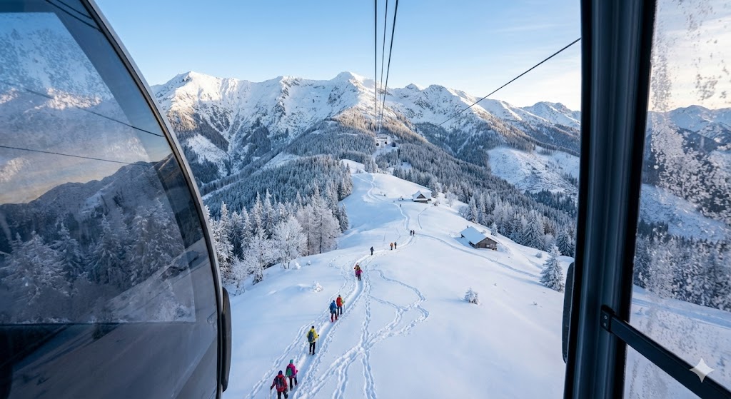 케이블카에서 보이는 눈 덮인 산 풍경과 겨울 트레킹 경로