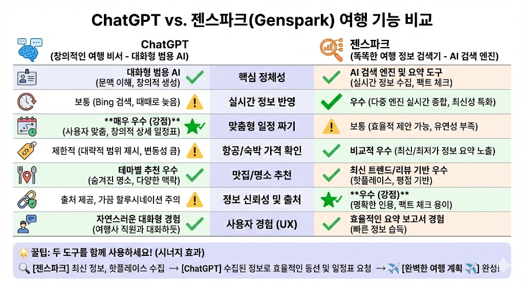 ChatGPT와 젠스파크의 여행 기능 비교 차트
