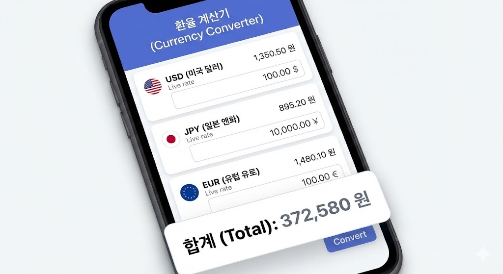 환율 환산 - 달러, 엔화, 유로를 한국 원화로 변환하는 계산기 화면