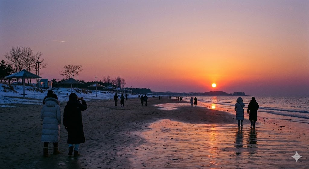 대천해수욕장 겨울 석양 풍경