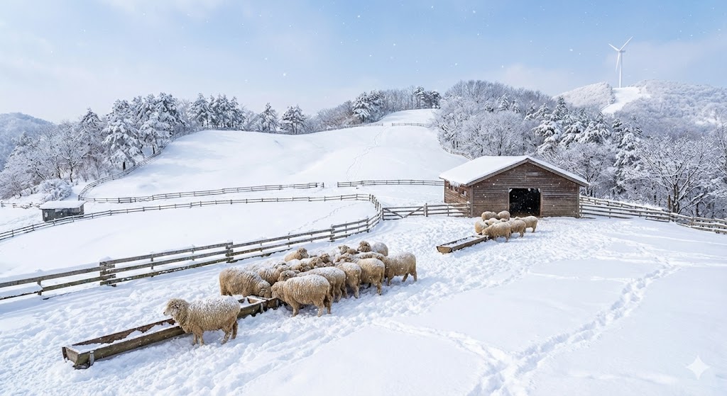평창 대관령 양떼목장 설경, 하얀 눈이 소복이 내린 목장 풍경