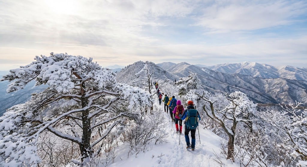 덕유산 겨울 산행, 눈이 소복이 내린 산 능선 트레킹