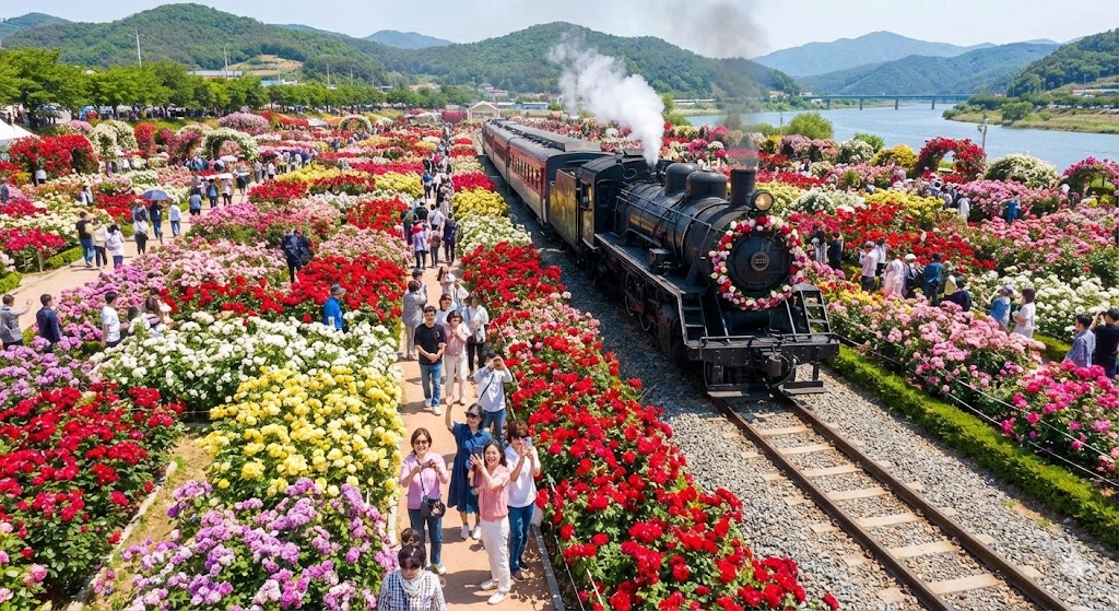 곡성 세계장미축제의 1,004품종 장미와 증기기관차