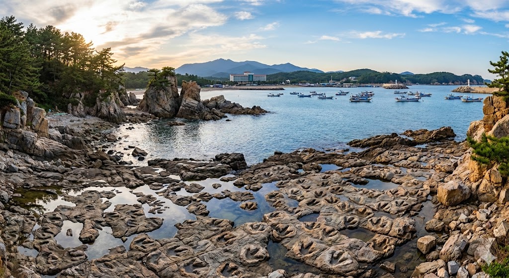 고성 당항포 해안 풍경과 공룡 발자국 화석지