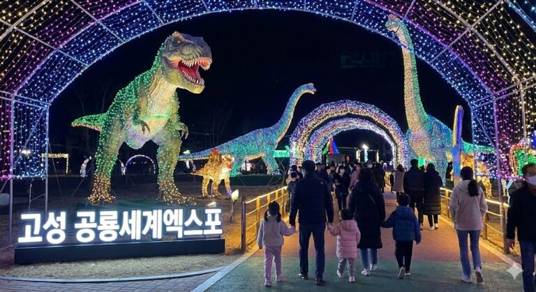 고성 공룡세계엑스포 야간 조명과 공룡 조형물