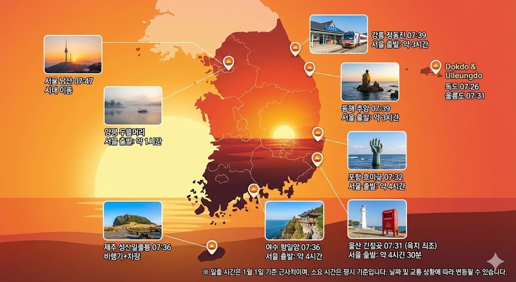 한국 전국 일출 시간표 및 명소별 소요시간 정보"