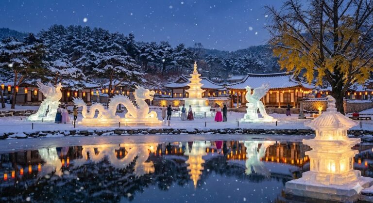 겨울 축제 설경, 얼음 조각과 눈으로 덮인 나무, 호수에 반영된 조명