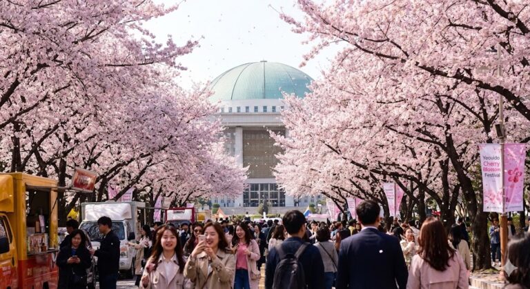 여의도 윤중로 벚꽃축제 낮의 풍경, 국회의사당 뒤 분홍색 벚꽃길
