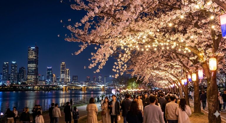 서울 여의도 봄꽃축제의 만개한 벚꽃과 한강의 아름다운 풍경