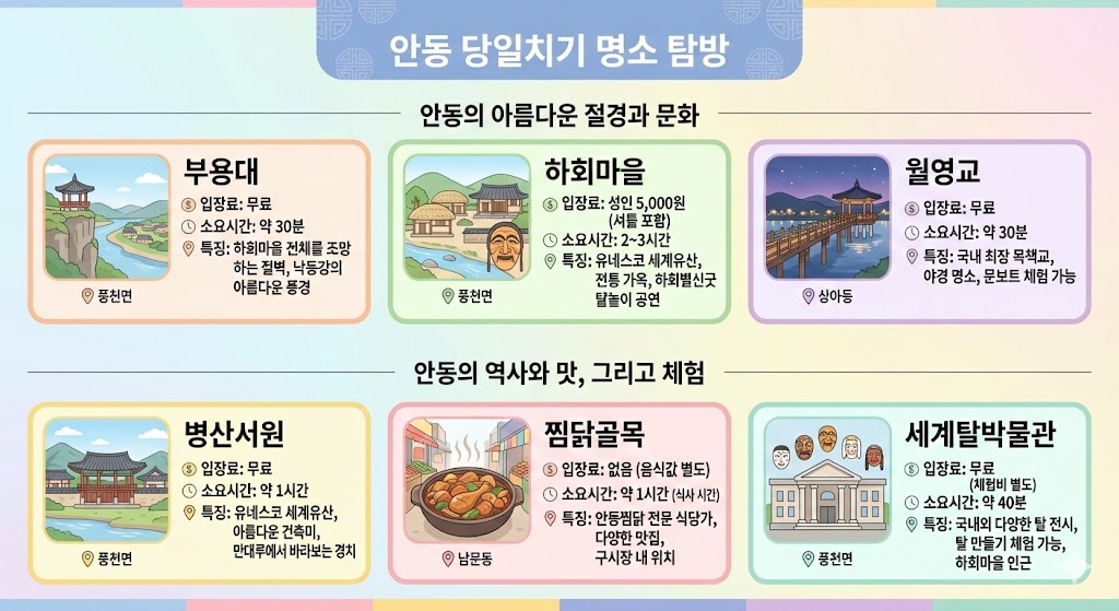 안동 당일치기 명소 5곳 비교 – 입장료·소요시간·특징 한눈에