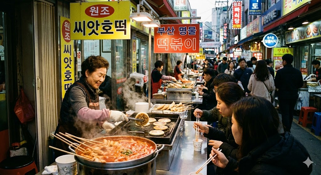 부산 남포동 국제시장 먹자골목에서 호떡과 떡볶이를 파는 노점상 풍경