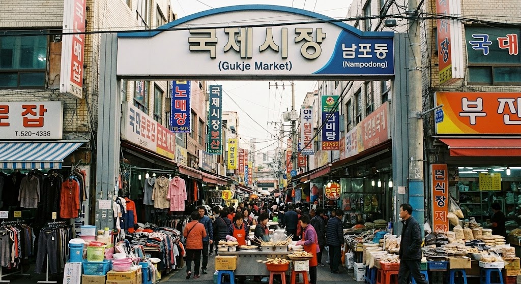 부산 남포동 국제시장 입구와 전통 시장 풍경