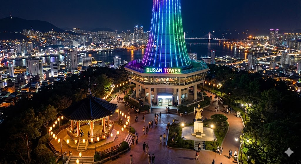 부산 용두산공원 야경과 부산타워 조망