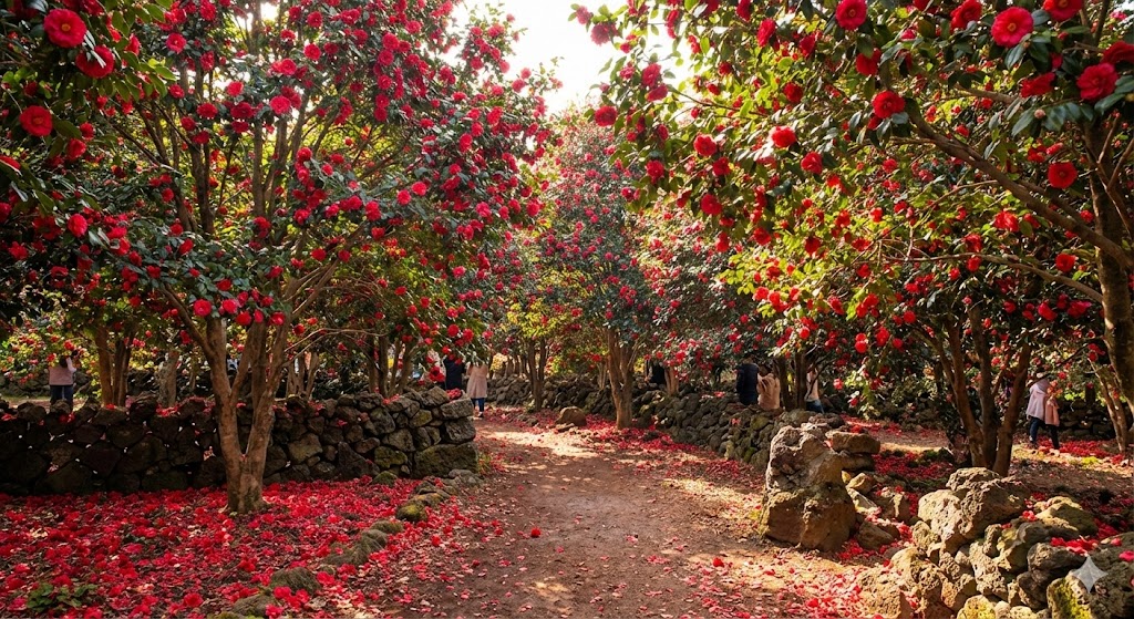 제주 카멜리아힐의 6,000그루 동백나무가 만드는 붉은 동백꽃 숲