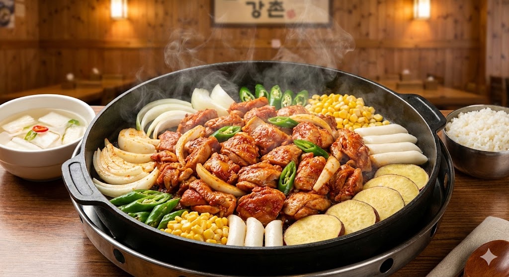 춘천 강촌 닭갈비, 철판에 구워지는 양념 닭과 신선한 채소