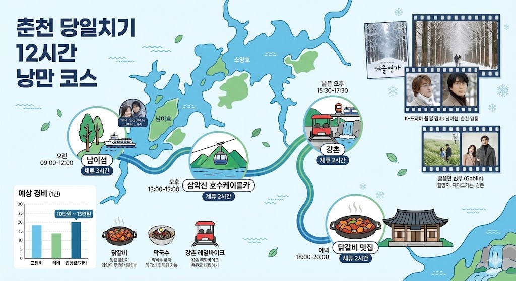 춘천 당일치기 여행 동선 지도, 12시간 일정 및 K-드라마 촬영지 정보