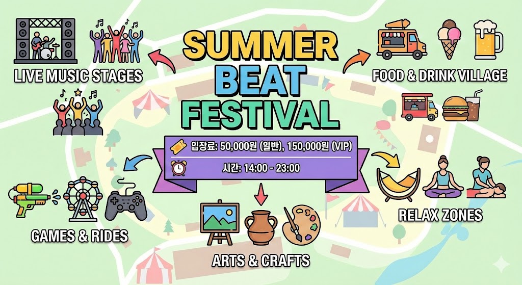인포그래픽 형식, 축제에서 할 수 있는 활동들을 아이콘으로 표현, 입장료/시간 정보 포함