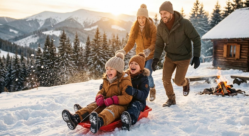 따뜻한 감정을 담은 가족 여행 장면, 아이들의 웃는 모습, 설경 배경