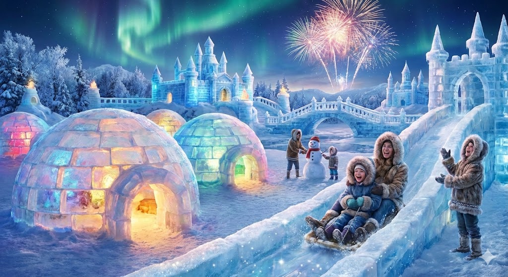 밝고 신비로운 얼음 왕국, 야간 조명이 비친 이글루 전경, 가족이 함께 즐기는 모습